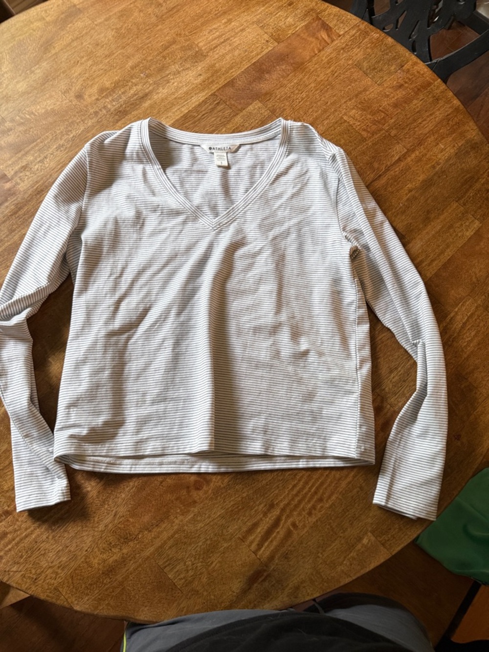 Athleta White and Light Gray Striped Long Sleeve V-Neck Tee